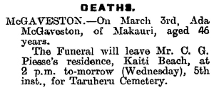 Ada Materoa McGaveston Death Poverty Bay Herald, Volume XLVI, Issue 14852, 4 March 1919, Page 4
